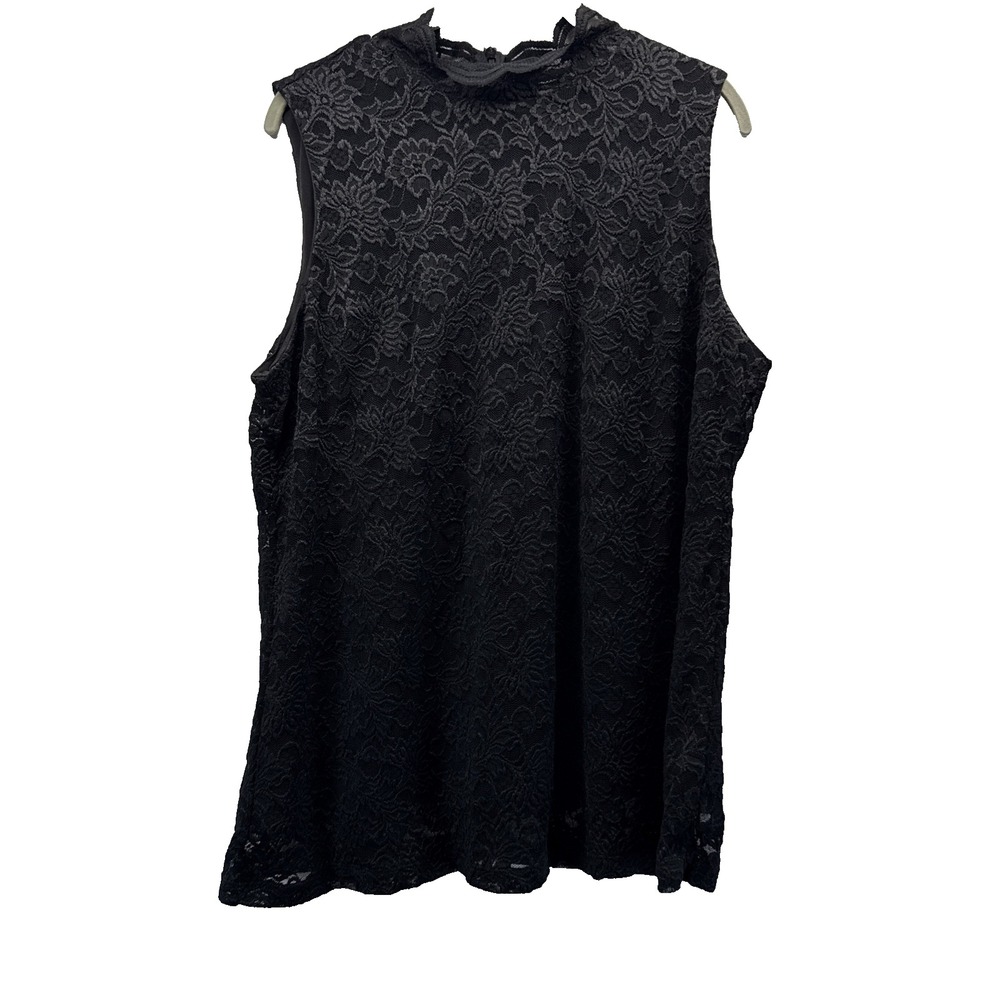 Susan Graver Women's Lace Top Size Large Solid Black Ruffle Neck Whimsigoth